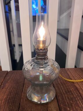 Vintage farmhouse iridescent mini glass oil lamp conversion